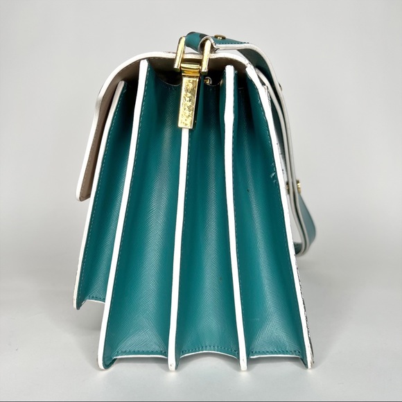 Marni Large Accordion Shoulder Bag Cream Teal Trunk Purse Leather Flap Front - Picture 5 of 13